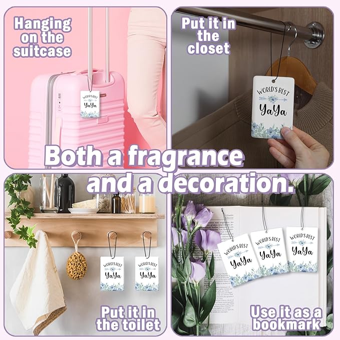 Yaya Grandma Gifts Car Air Freshener Accessories 3pcs, World's Best Gifts for Granmda Christmas, Blue Flower Rustic Hanging Scent Lavender Fragrance Card for Women Closet Bathroom Home Decor