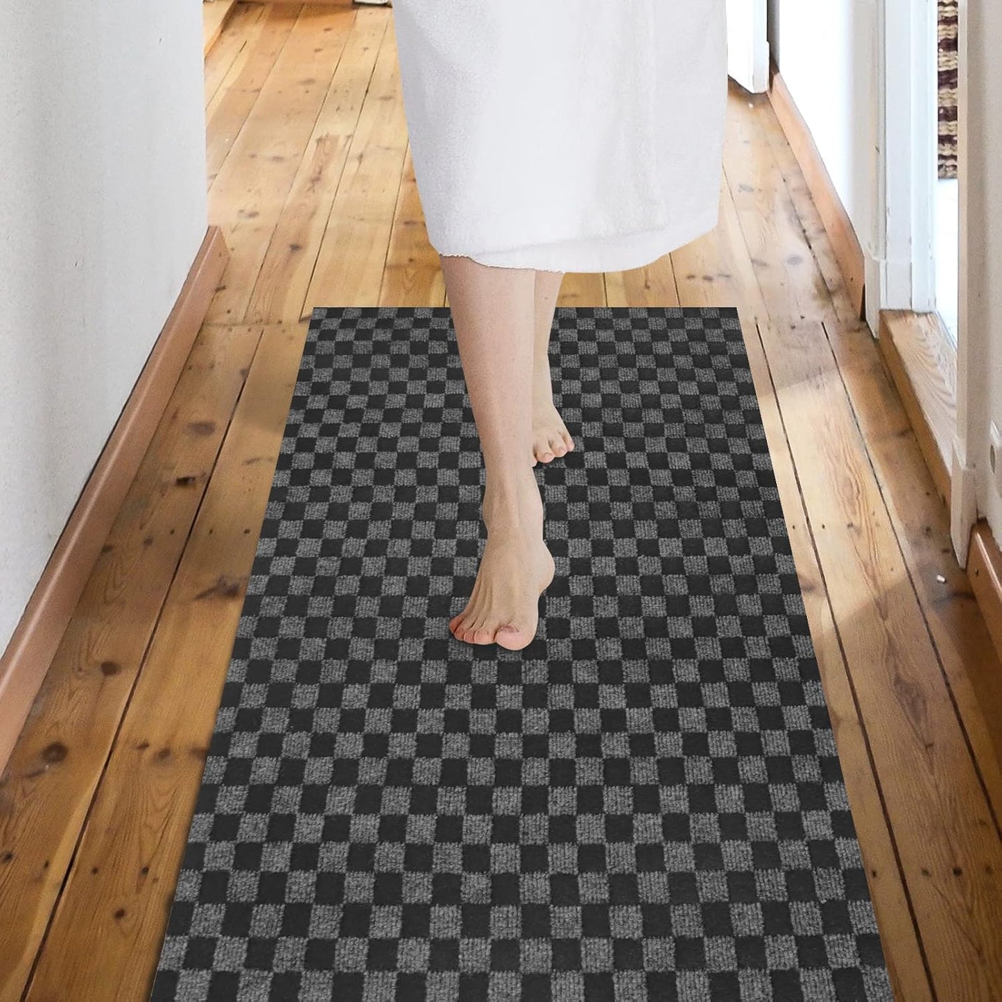 Custom Size Backed Non-Slip Area Rugs Runner, Easy Clean, Waterproof Runner Rugs for Hallway Entryway, Kitchen, Laundry, 4FT x 82FT, Gray Checkered