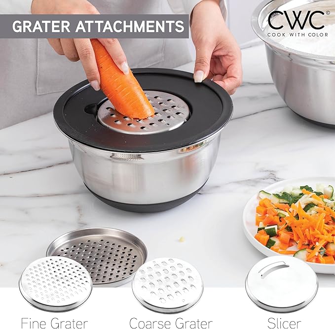 COOK WITH COLOR Stainless Steel Mixing Bowls Set with Lids - Nesting Bowls with Non-Slip Bottom, Silver, 14 Pieces