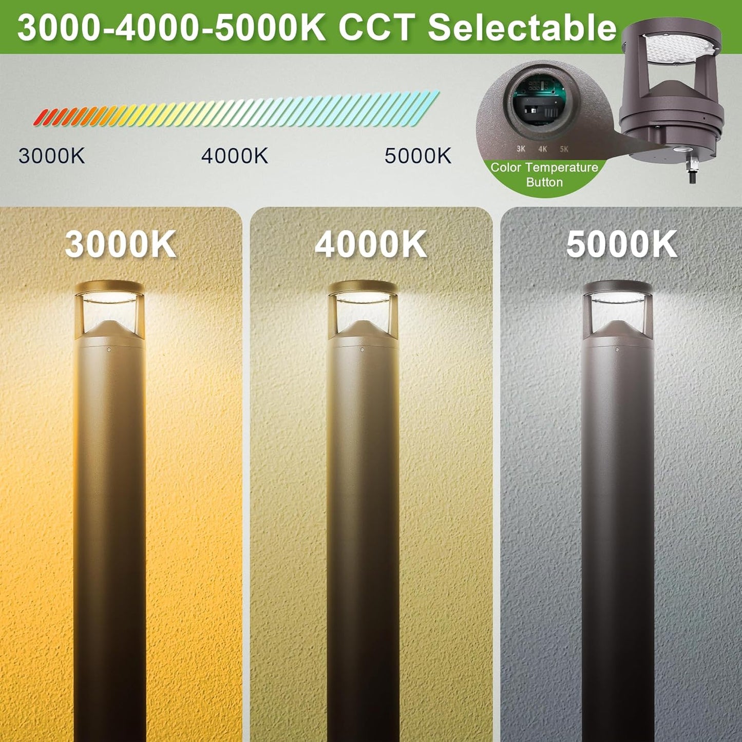 LED Bollard Landscape Light, 42inch 24W 3CCT 30K/40K/50K Selectable, 120V-277V Commercial/Residential Ballard Lighting Fixture for Garden, Pathway, Driveway, Die-cast Aluminum, Bronze
