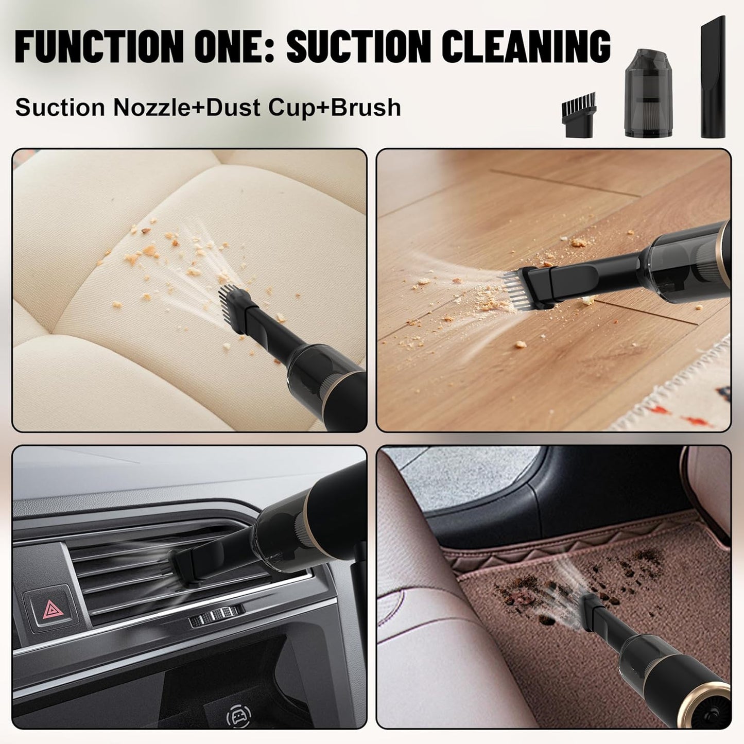 Handheld Car Vacuum Portable Cordless, 20000PA High Power 4 in 1 Vacuum Cleaner & Air Duster & Air Blower with 4000mAh Brushless Motor and Multi-Nozzles for Car (Black)