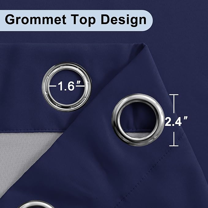 XWZO 100% Blackout Curtains 63 Inches Long with Tiebacks- Full Shade Window Drapes Thermal Insulated Double Layer with Black Liner for Bedroom/Living Room, Grommet, Navy Blue, W42 x L63, Set of 2