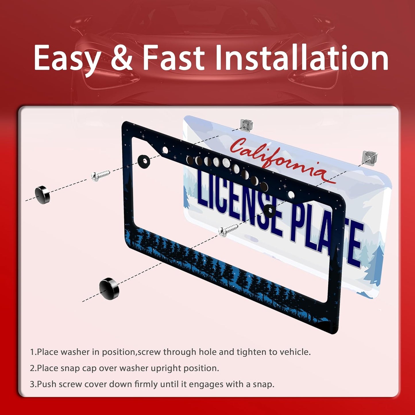 Moon Phase Forest Night License Plate Frame Moon License Plate Frames Stainless Steel Accessories Cars Decor with 2 Holes and Screws Fits Standard US CA Vehicles Size 12.2 x 6 Inches
