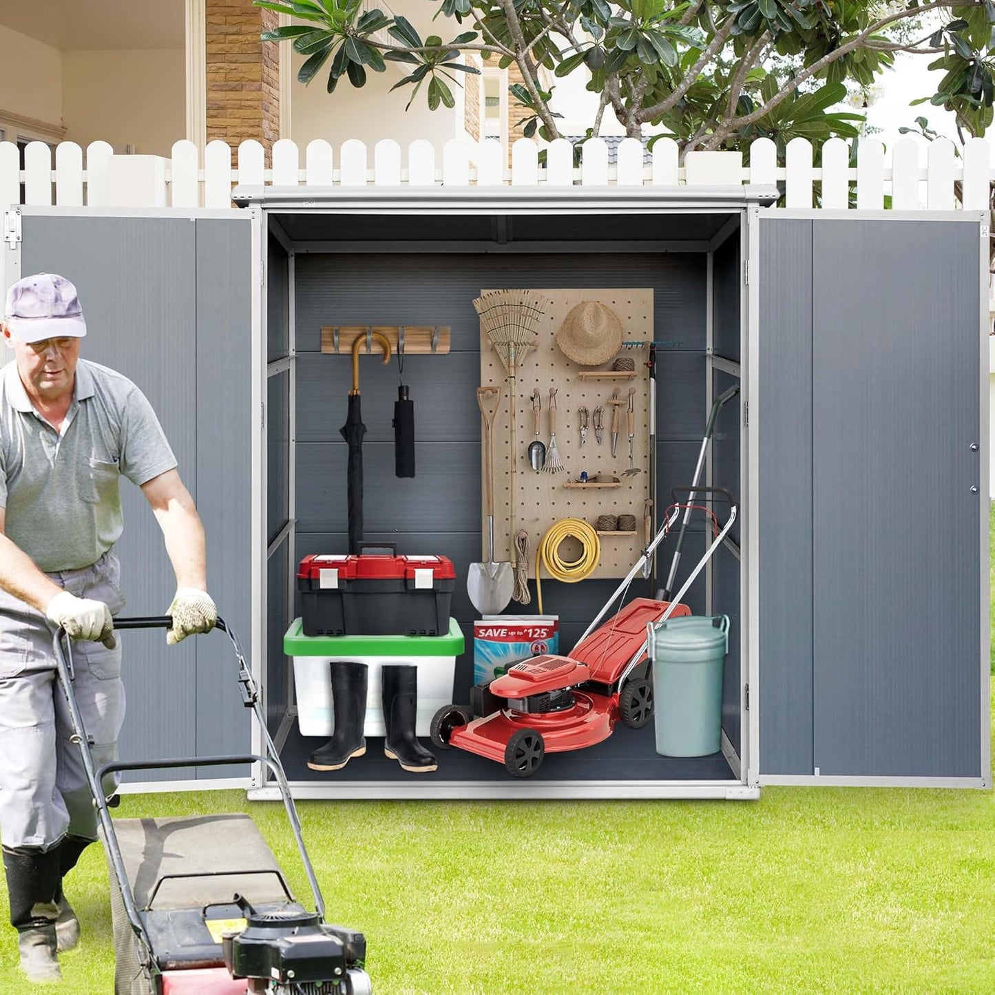 5 X 3 Ft Outdoor Storage Shed with Floor, Weatherproofing Garden Tool Shed with Lockable and Sloping Roof Design, Outdoor Resin Shed Cabinet for Backyard Patio and Garden (White+Gray)