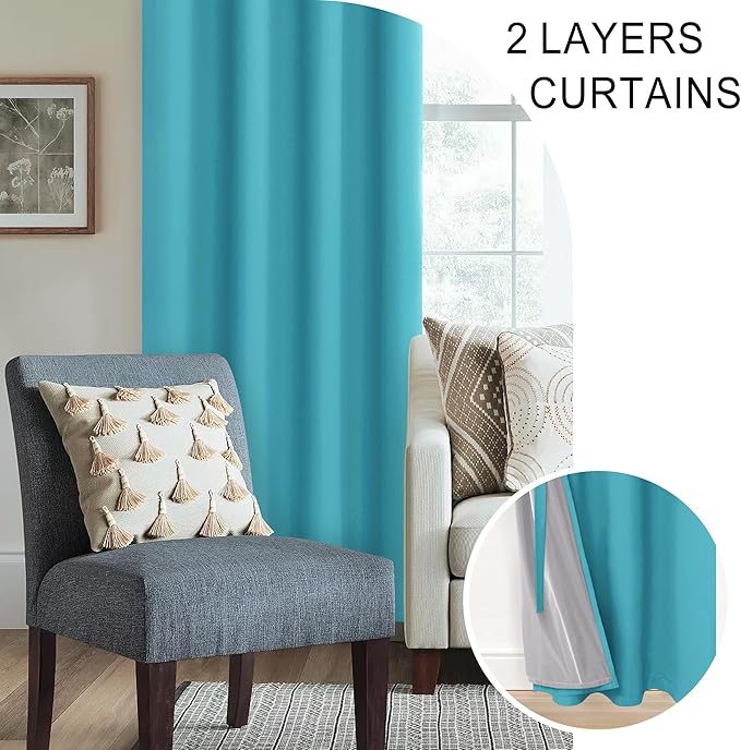 XWZO 100% Blackout Curtains with Tiebacks- 2 Thick Layers Completely Shaded Window Treatment Thermal Insulated Lined Drapes with Grommets for Bedroom/Patio Door, Turquoise, W42 x L45, 2 Panels Set