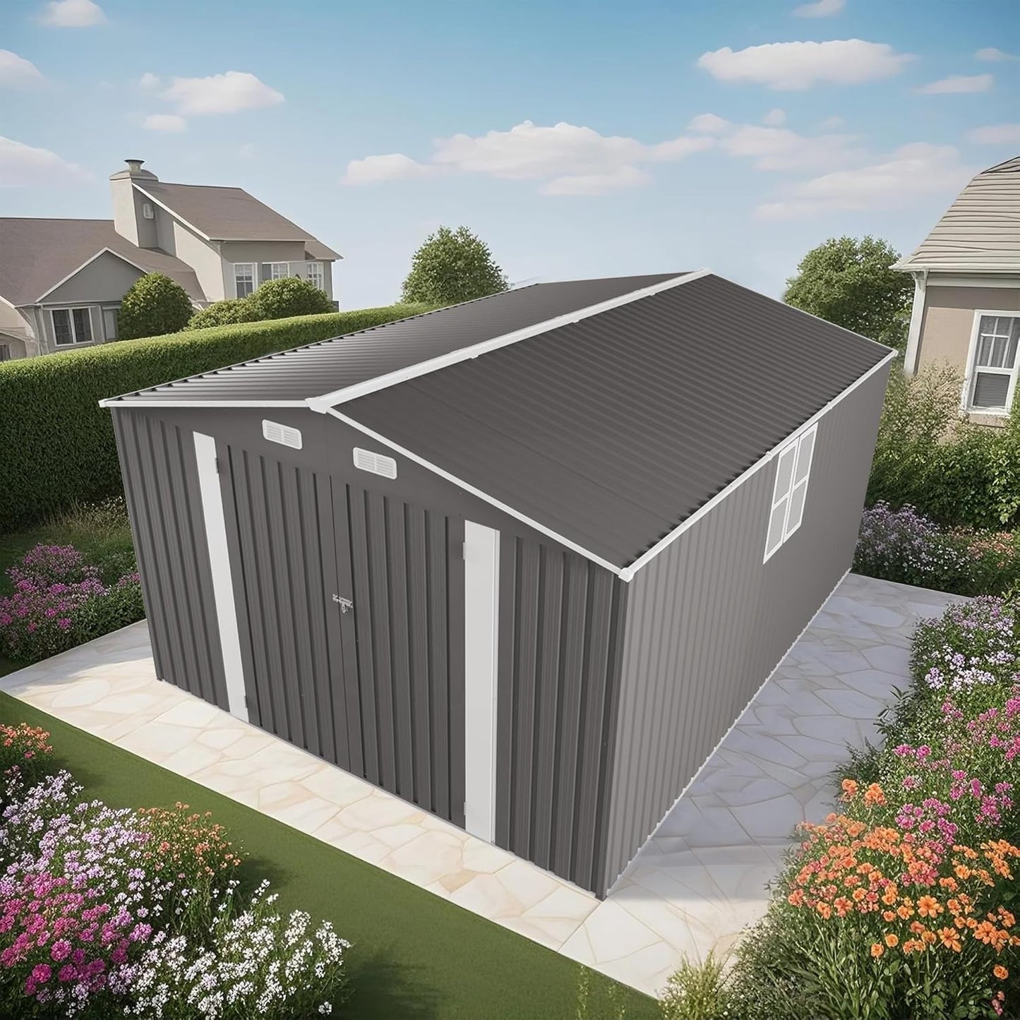 10 x 14 FT Large Outdoor Storage Shed w/ 2 Windows, Heavy Duty Metal Garden Sheds with 3 Lockable Door & Air Vents, Waterproof Tool House for Bicycles, Tools, Backyards, Patios, Lawns, Gray