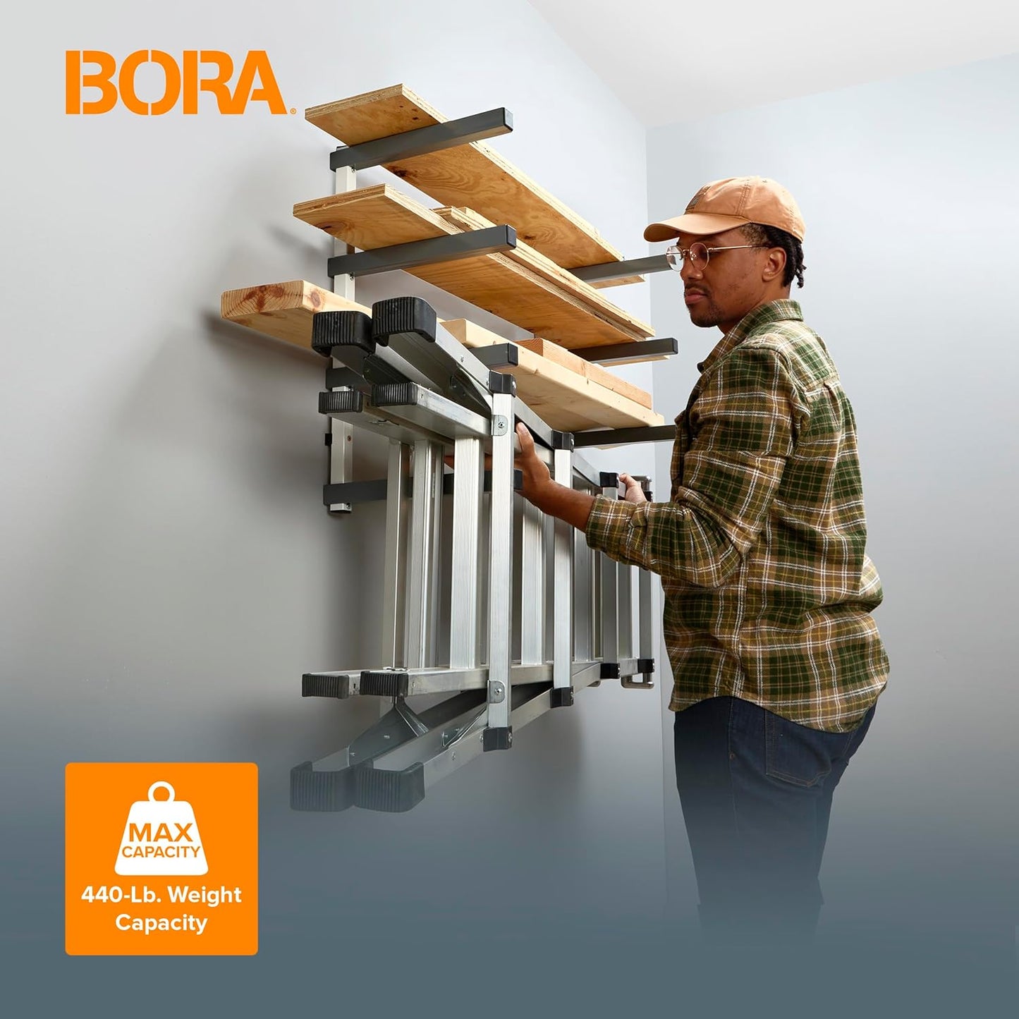 Bora 4-Level Lumber Storage Rack Wood and Garage Organization Space Saving Metal Shelf for Pipes, Boards, Plywood, and Building Materials - PBR-0420 White Gray