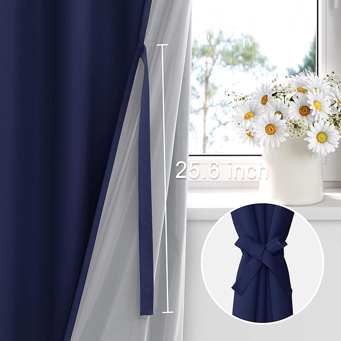 XWZO Full Shading Blackout Curtains 84 Inches Long with Tiebacks- Heat and Light Blocking Ring Top Window Drapes with Black Liner Backing for Bedroom/Kid's Room, Navy Blue, W52 x L84, Set of 2