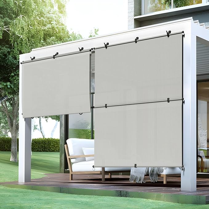 Bynbbur 5'W x 8'H Outdoor Patio Shades Foldable Roller Blinds, 220 GSM Sun Shade Roll Up Porch Screens Exterior Shade Cloth for Deck Pergola Backyard, Light Gray