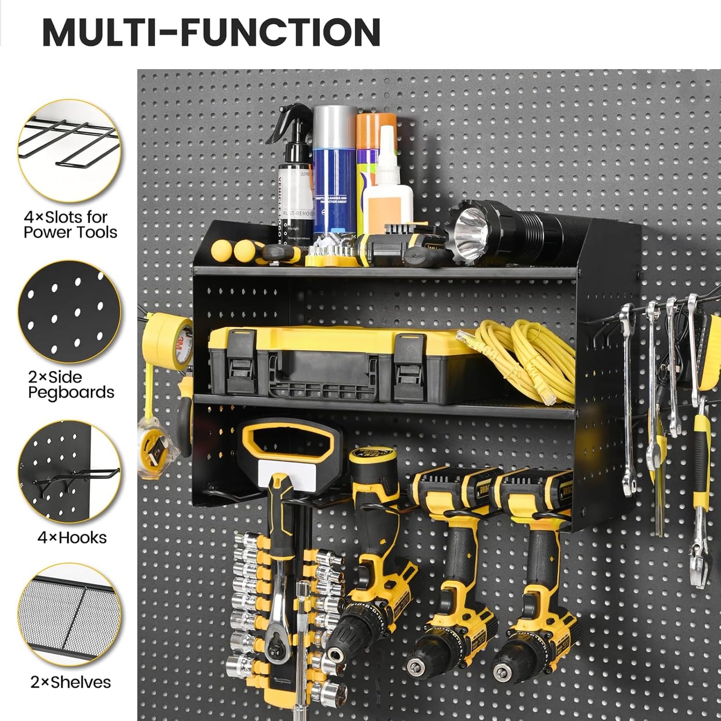 TRZZ Power Tool Organizer Wall Mount, 3-Layer Drill Holder with 2 Side Pegboards, Cordless Drill Rack with 4 Hooks, Efficient Storage for Workshop, Garage, and Tool Room (Black)