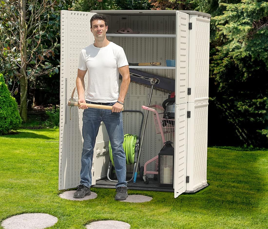 KINYING Outdoor Storage Shed Waterproof, Resin Vertical Storage Cabinet Double-Layered, Versatile to Store Patio Furniture, Garden Tools, Pool Accessories,Mower (66 Cu.ft,White)