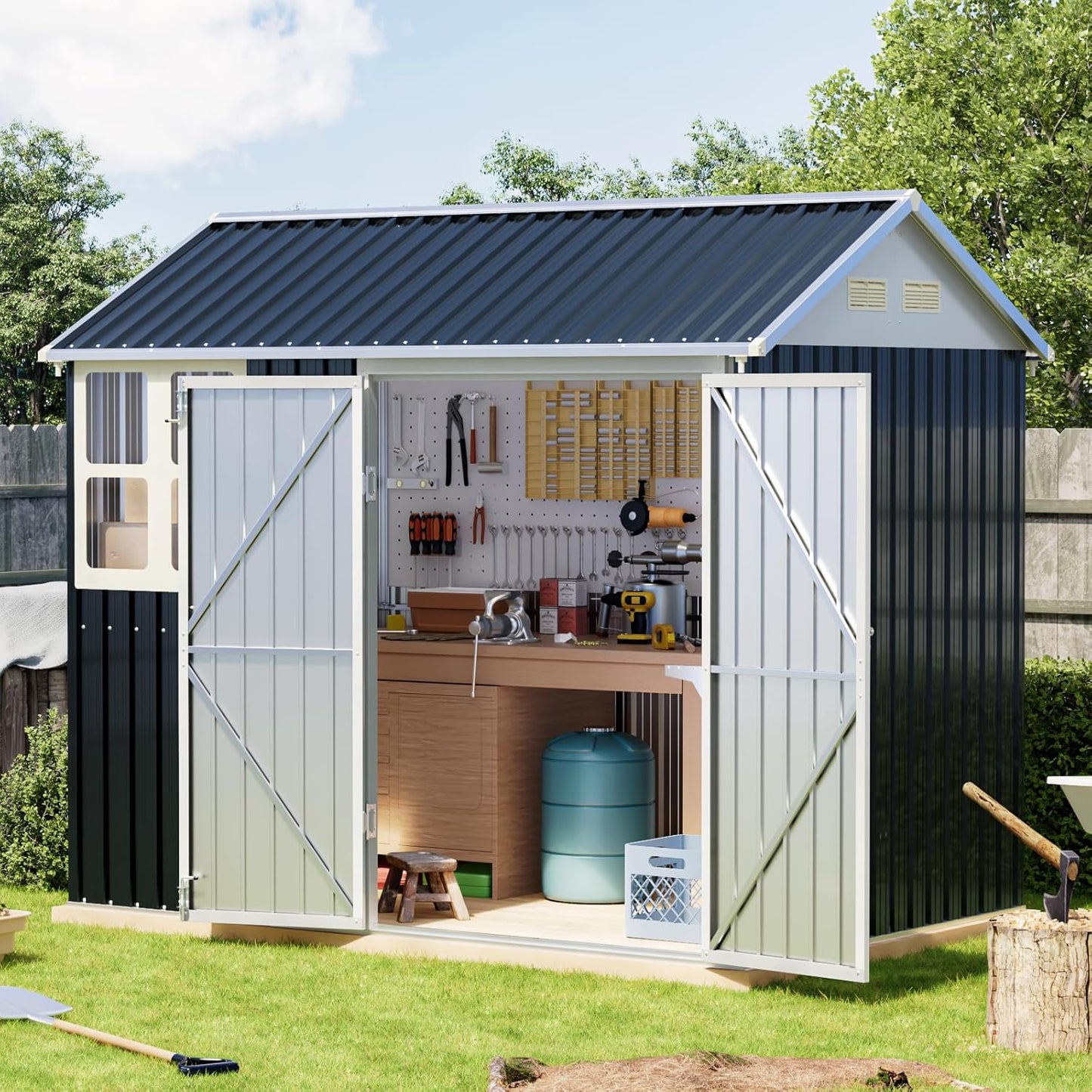 Breezz 6X8FT Outdoor Steel Storage Shed with Frame Floor,Clear Window, Lockable Doors, Weather-Resistant Metal Tool Shed for Garden, Backyard, Patio, and Utility Storage,Nightblue