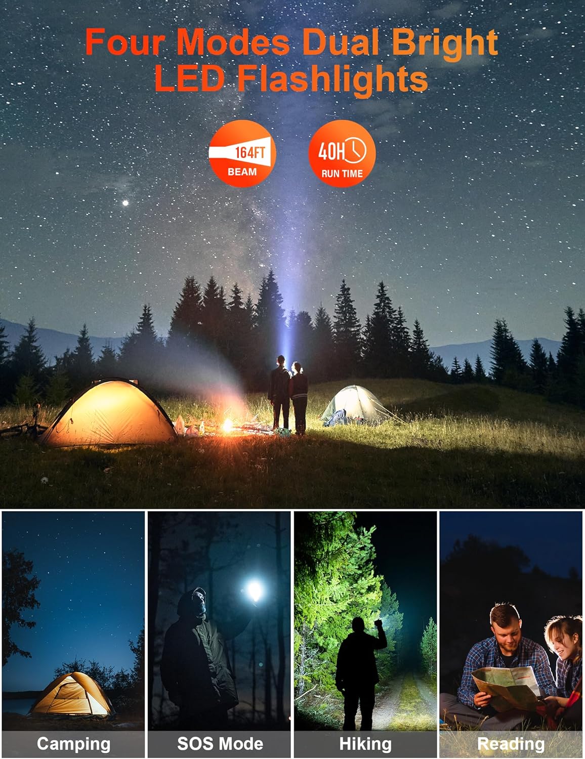 Solar Charger Power Bank, 40000mAh Portable Phone Charger Built in 4 Cables with USB C in/Output, PD 20W Fast Charging Portable Charger, External Battery Pack with Dual Bright Flashlights