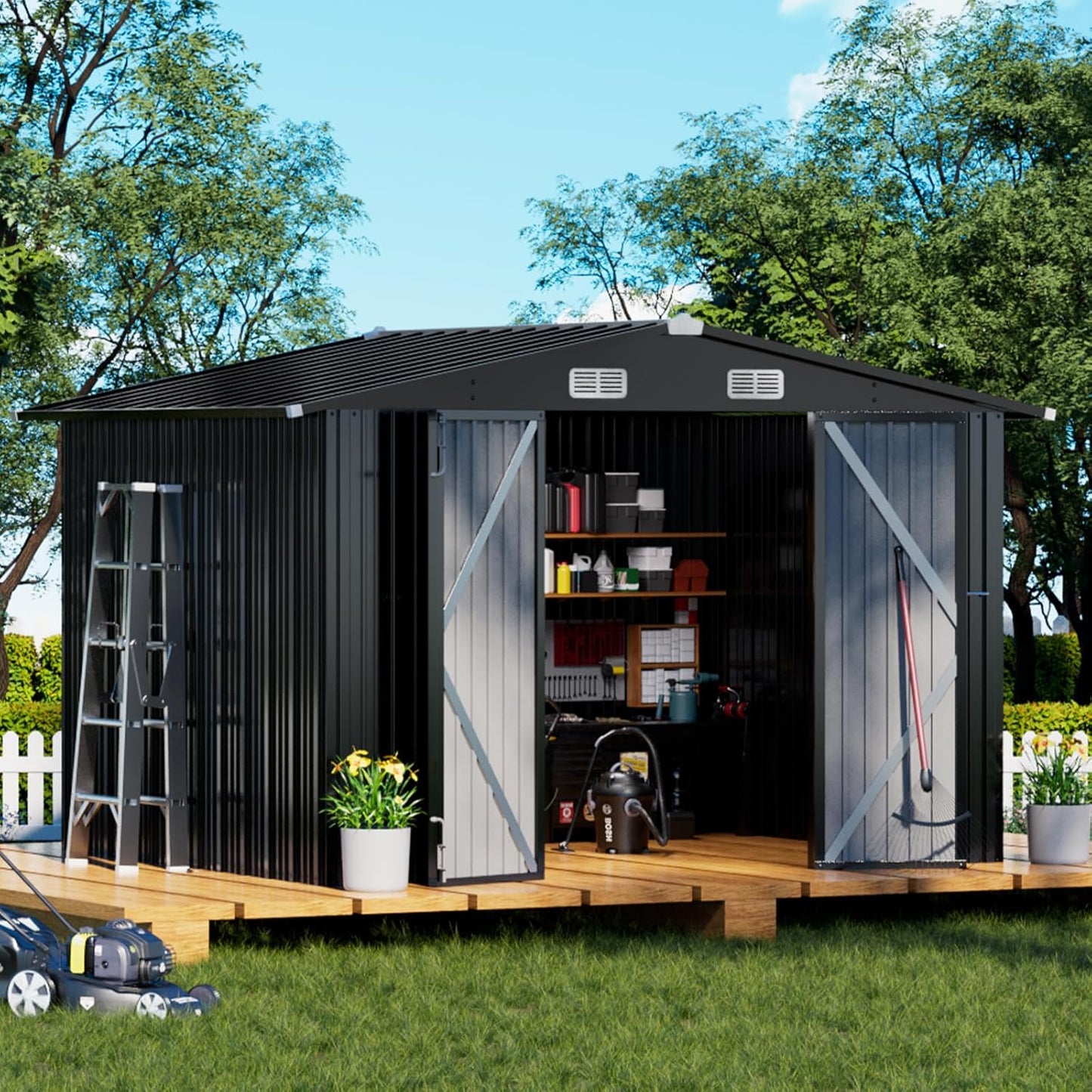 COMHOMA Shed Outdoor Storage Shed Metal,Lockable Doors Tool Sheds with Sloping Roof,Steel Garden Shed with Air Vent for Backyard,Patio,Lawn,Poolside (Grey, 10'*8')