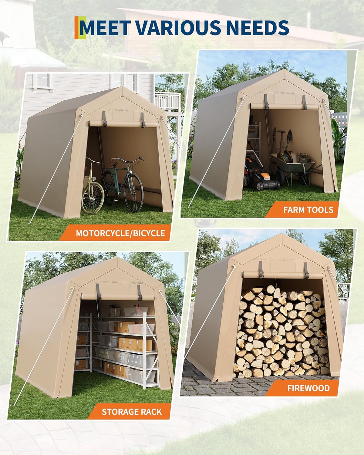 6x8 Ft Carport Heavy Duty Tent with Roll-Up Windows, Portable Garage with Removable Sidewalls & Doors, Car Canopy All-Season Tarp for Car Boat Truck Motorcycle, Khaki