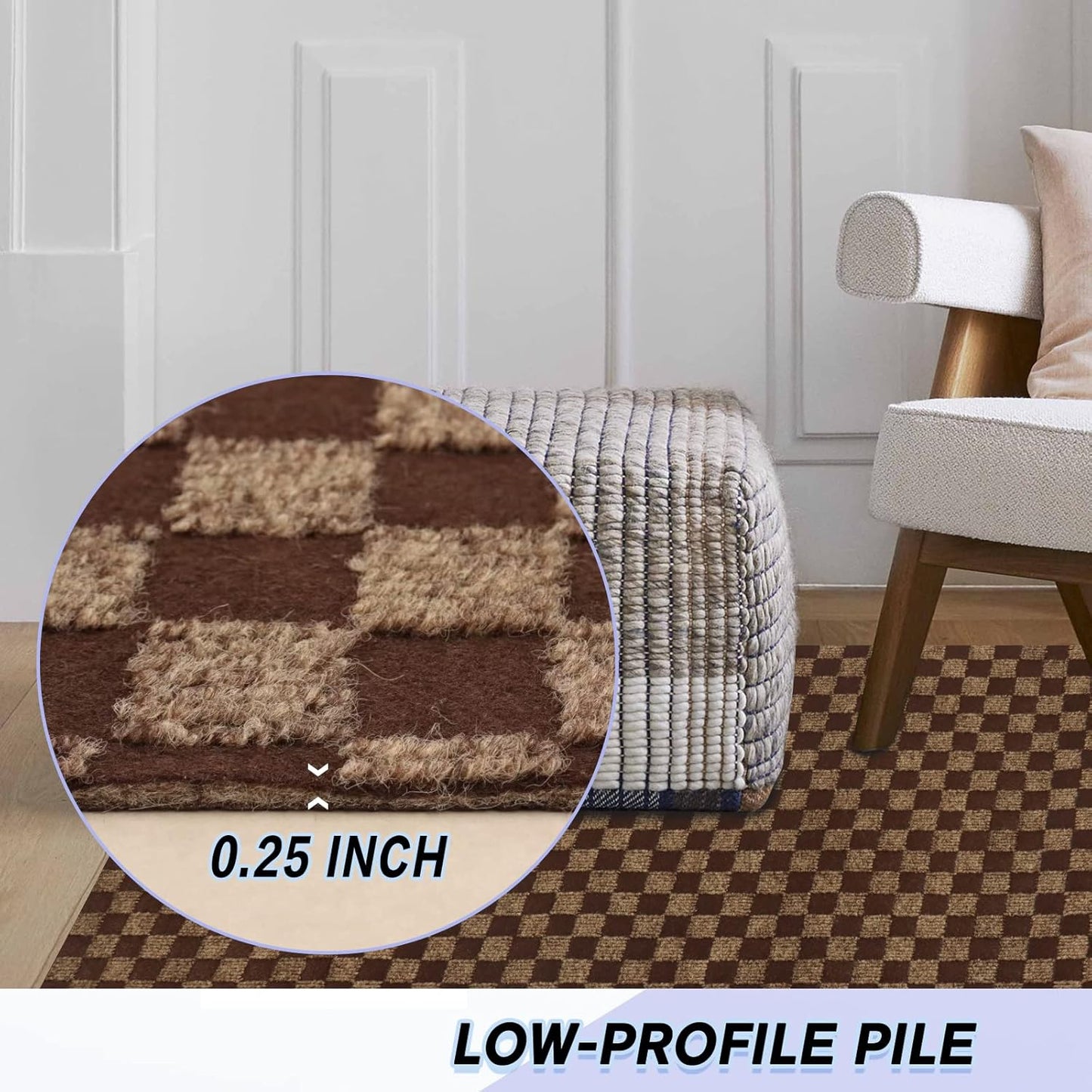 Custom Size Backed Non-Slip Area Rugs Runner, Easy Clean, Waterproof Runner Rugs for Hallway Entryway, Kitchen, Laundry, 3FT x 42FT, Brown Checkered