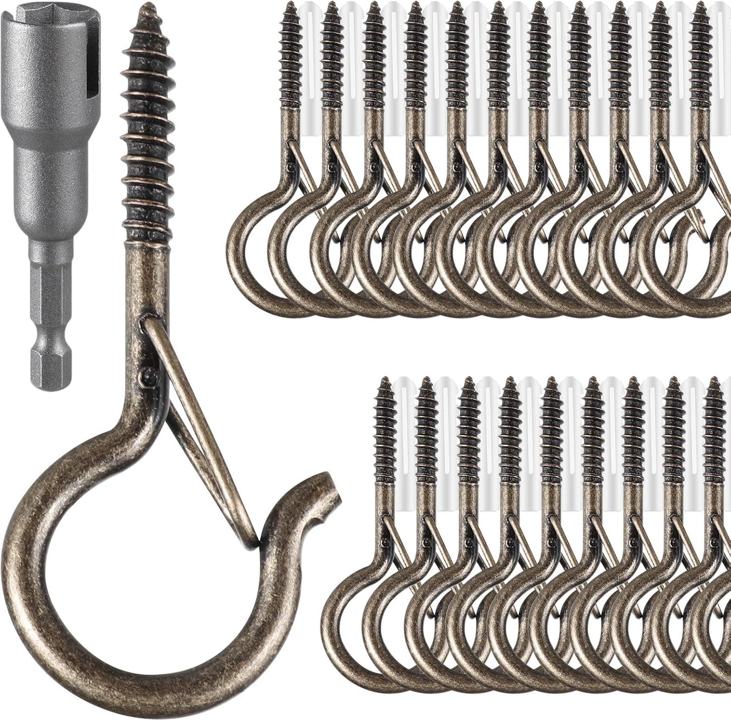 24 PCS Q-Hanger Hooks, Screw Hooks for Outdoor String Lights, Safety Buckle Design Cup Eye Hook for Hanging Christmas Lights, Plants, Mounted on Wall Ceiling, Include 1 Wing Nut Driver, Copper