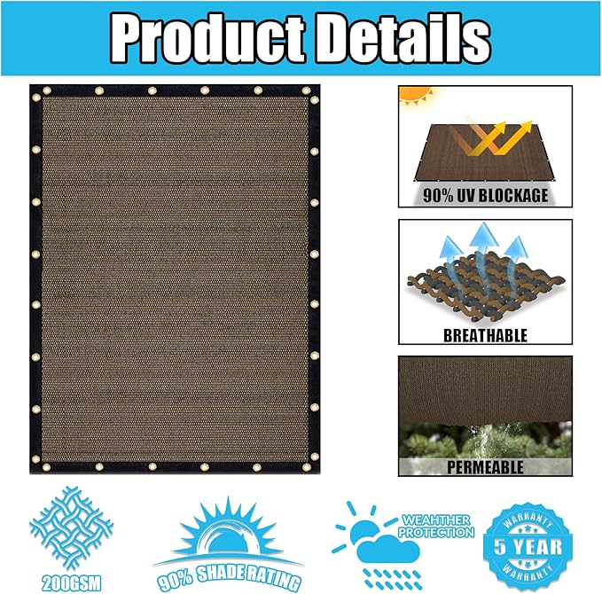 Amagenix 90% Shade Fabric 5'X 17' Mocha Sun Shade Cloth with Grommets for Pergola Replacement Shade Cover Canopy, Heavy Duty, Cable Zip Ties Included (We Customized)