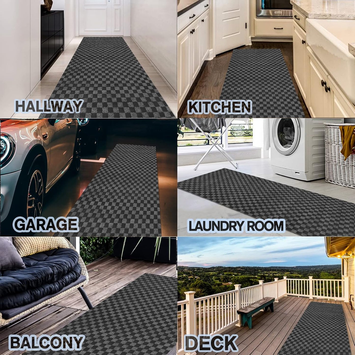 Custom Size Backed Non-Slip Area Rugs Runner, Easy Clean, Waterproof Runner Rugs for Hallway Entryway, Kitchen, Laundry, 4FT x 31FT, Gray Checkered