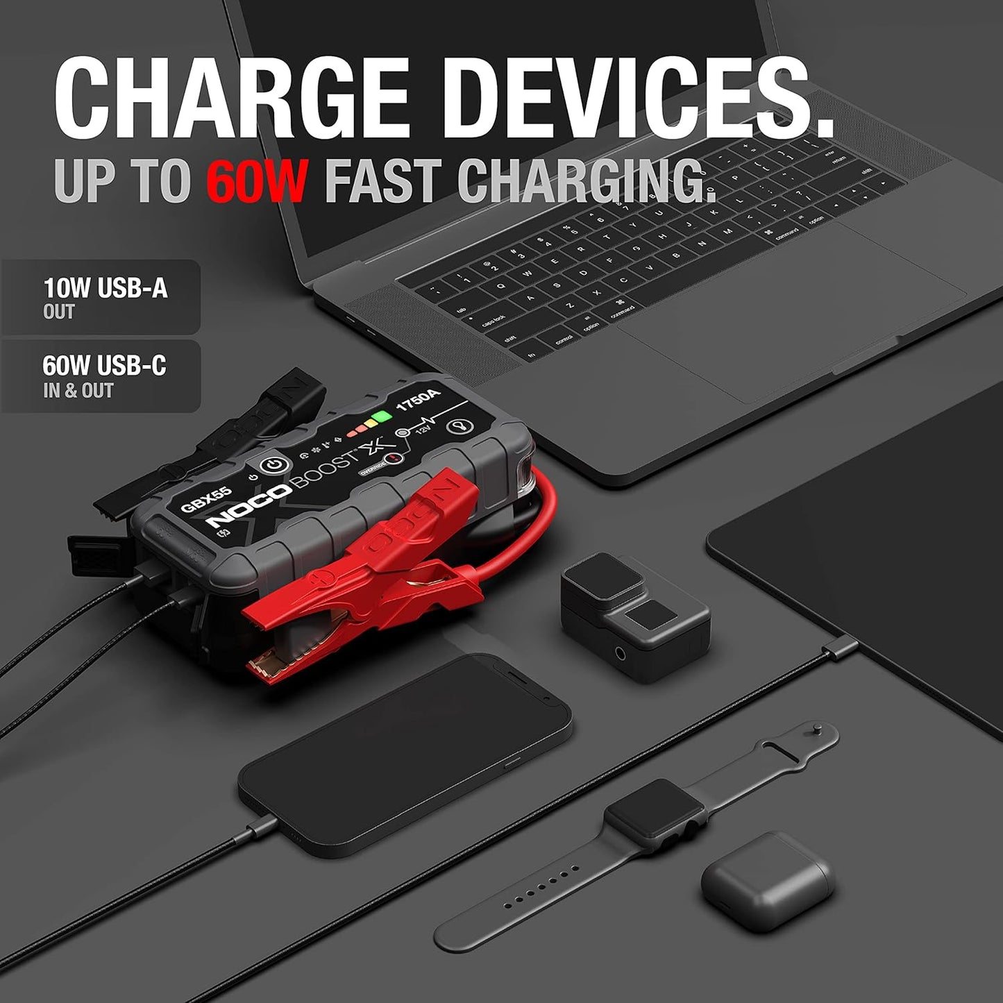 NOCO Boost X GBX55: 1750A UltraSafe Jump Starter – 12V Lithium Battery Booster Pack, Portable Jump Box, Power Bank & Jumper Cables - for 7.5L Gas and 5.0L Diesel Engines
