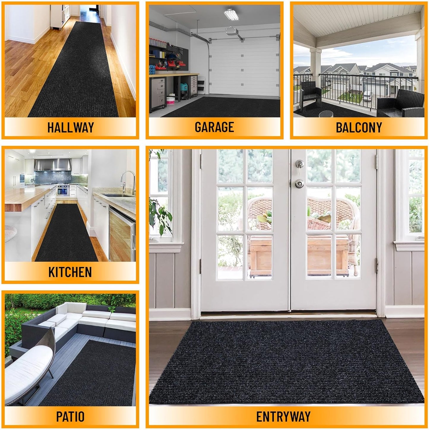 Ottomanson 2' x 36' Hallway Runner with Scraper Pile Extra Durable Non-Slip Rug Mat for Indoor & Outdoor Use - Ideal for Kitchen, Entryway, Patio & Garage - High-Traffic Carpet, Black