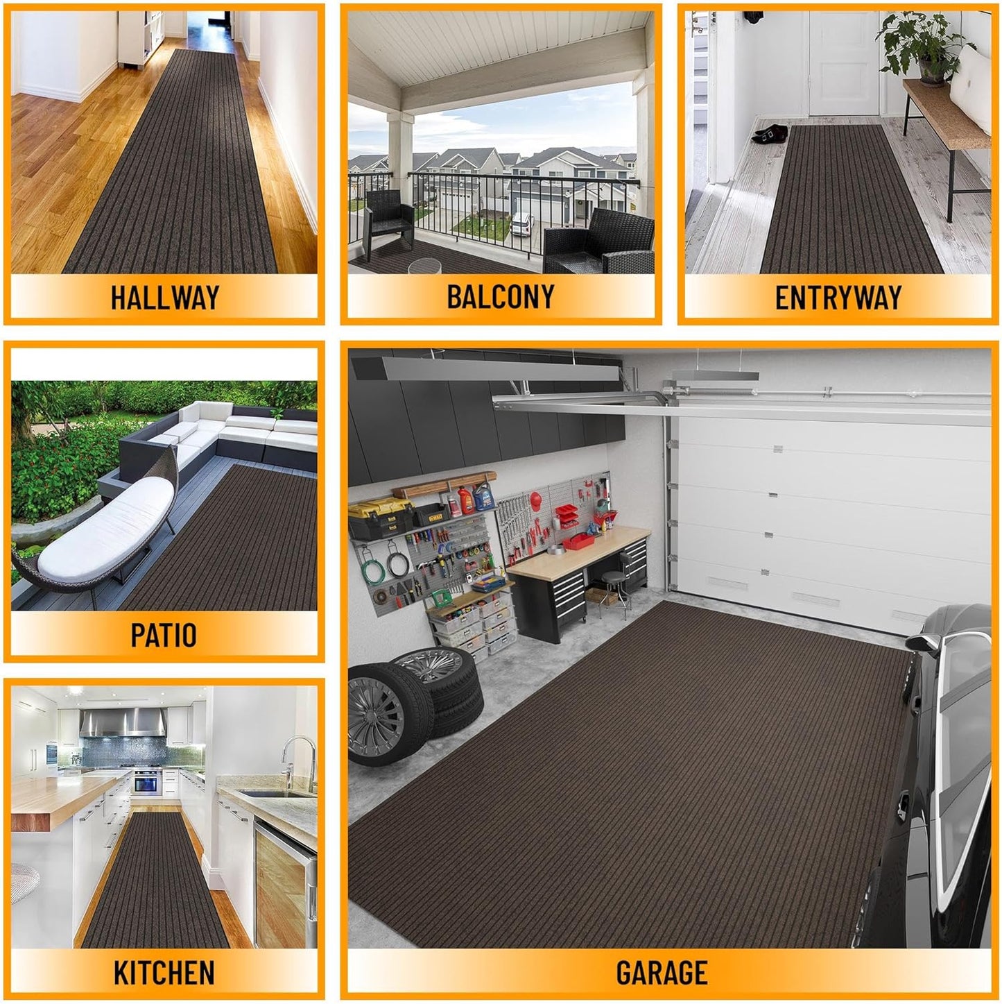 Ottomanson 2' x 7' Hallway Runner with Scraper Pile Extra Durable Non-Slip Rug Mat for Indoor & Outdoor Use - Ideal for Kitchen, Entryway, Patio & Garage - High-Traffic Carpet, Brown