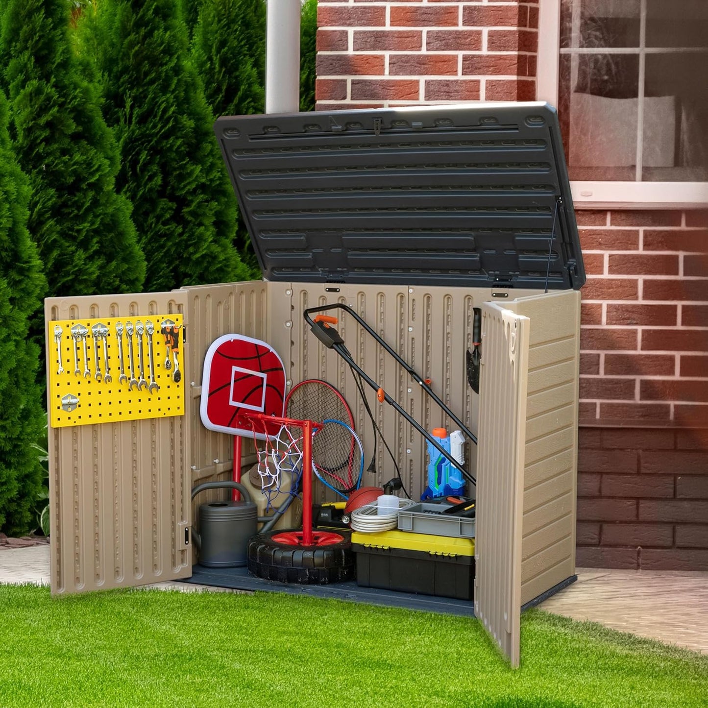YITAHOME Outdoor Resin Storage Sheds, 39 in Height Lockable Waterproof Horizontal Shed w/o Shelf, Easy to Assemble Shed Storage for Garden Tools, Brown