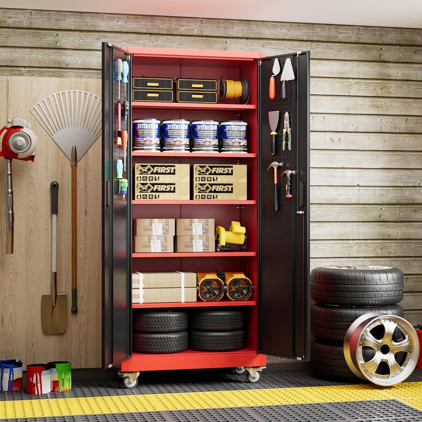 Garage Storage Cabinet with Pegboard and 5 Adjustable Shelves, 71'' x 32'' x 16''Metal Lockable Cabinet with Magnetic Doors,Tool Storage,Home Office Garage,Gym,School (Black-red)