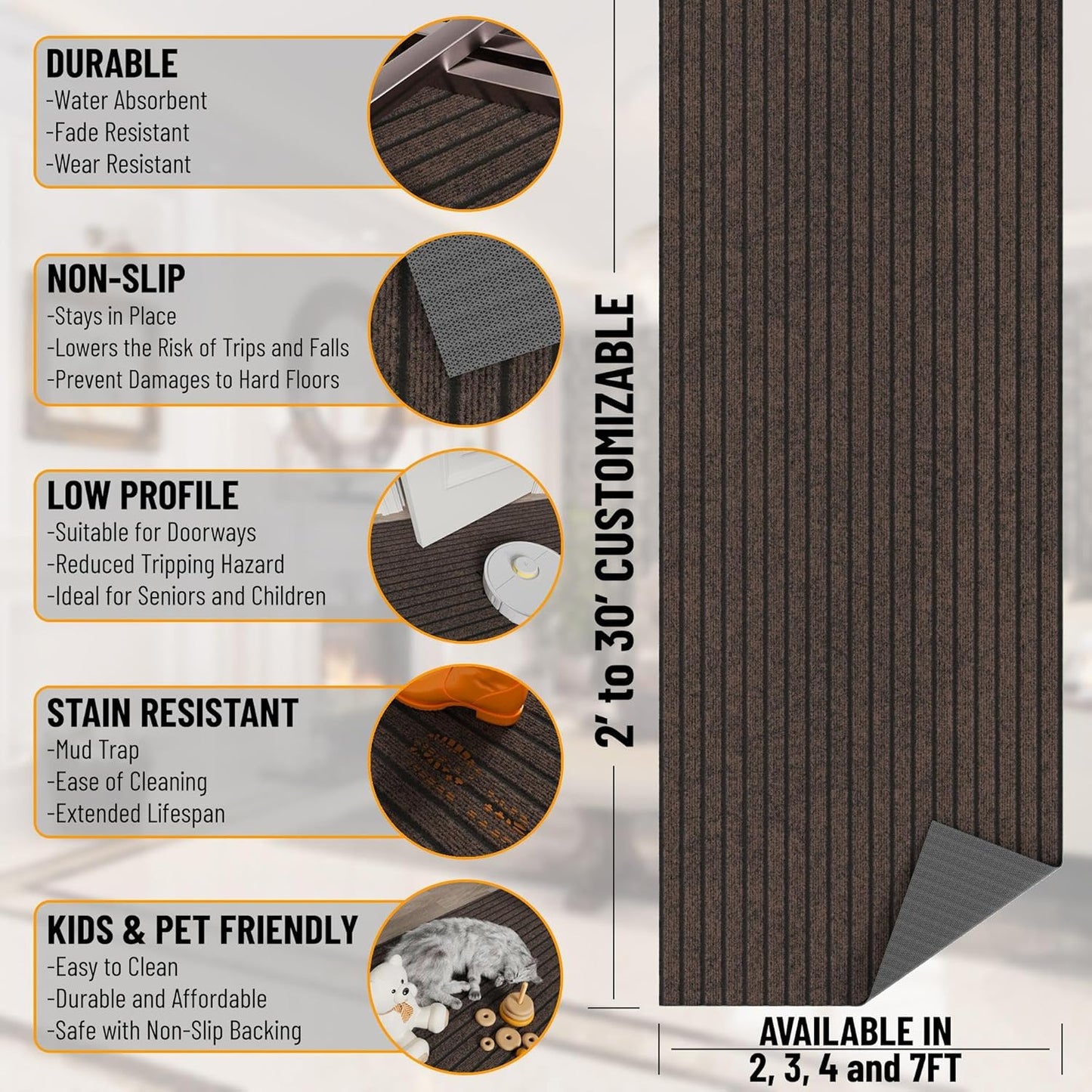 Ottomanson 2'7" x 29' Hallway Runner with Scraper Pile - Extra Durable Non-Slip Rug Mat for Indoor & Outdoor Use - Ideal for Kitchen, Entryway & Garage - High-Traffic Carpet, Brown