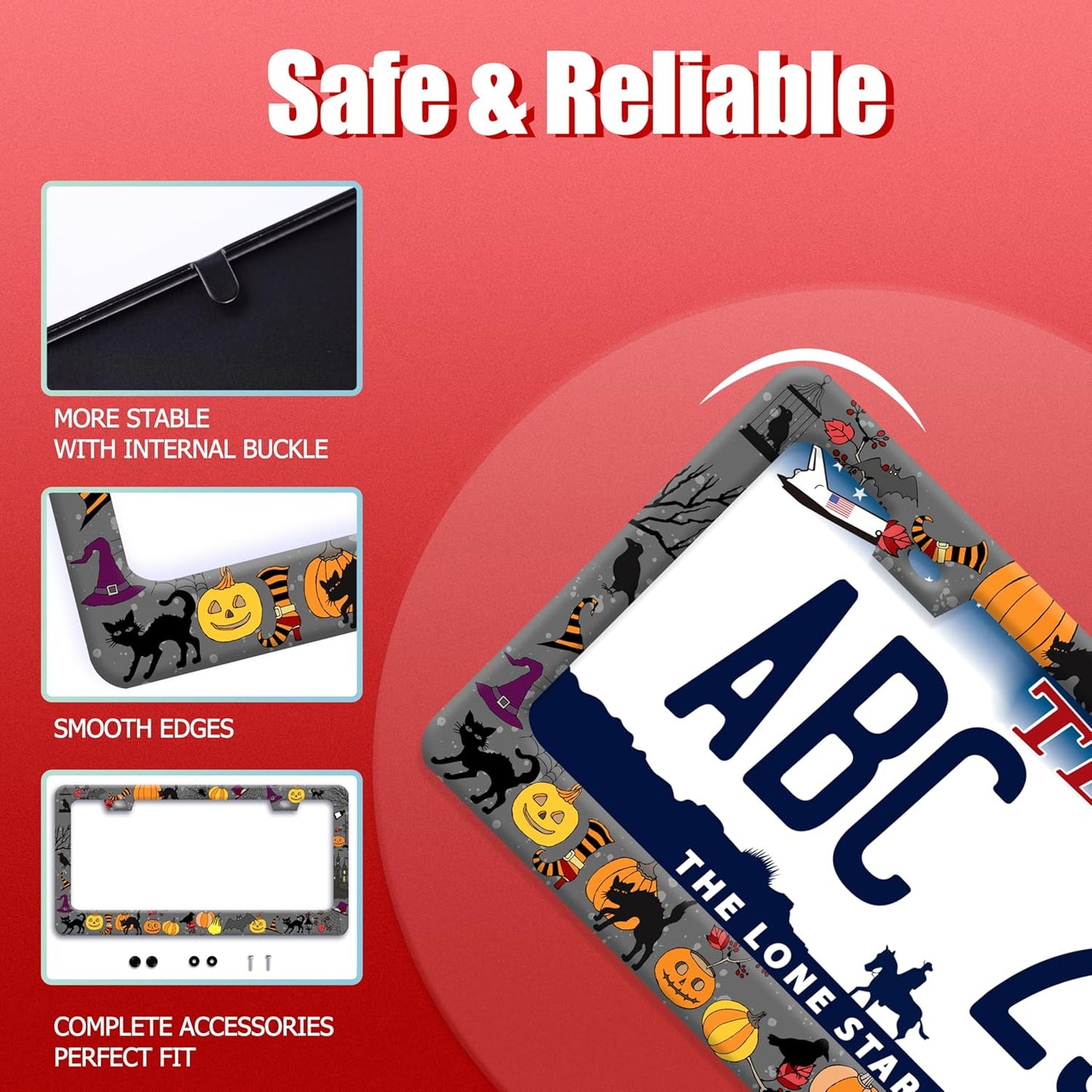 Halloween Pumpkin Cat License Plate Frame Bat Spider License Plate Holder Funny Stainless Steel Accessories Cars Decor with 2 Holes and Screws Fits Standard Us Ca Vehicles 12.2 X 6 Inch