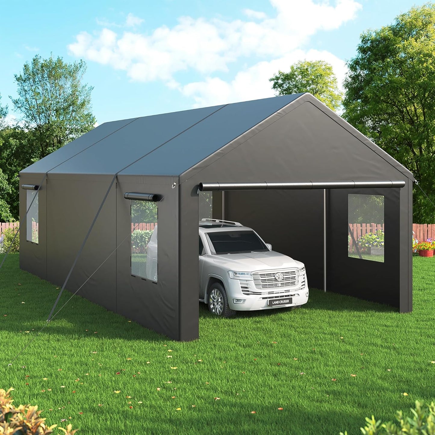Carport, 13x25 FT Heavy Duty Car Port with Side-Opening Door & Roll-Up Windows, Outdoor Portable Garage Reinforced Four-Hole Base for Car, Truck, Boat, Motorcycle