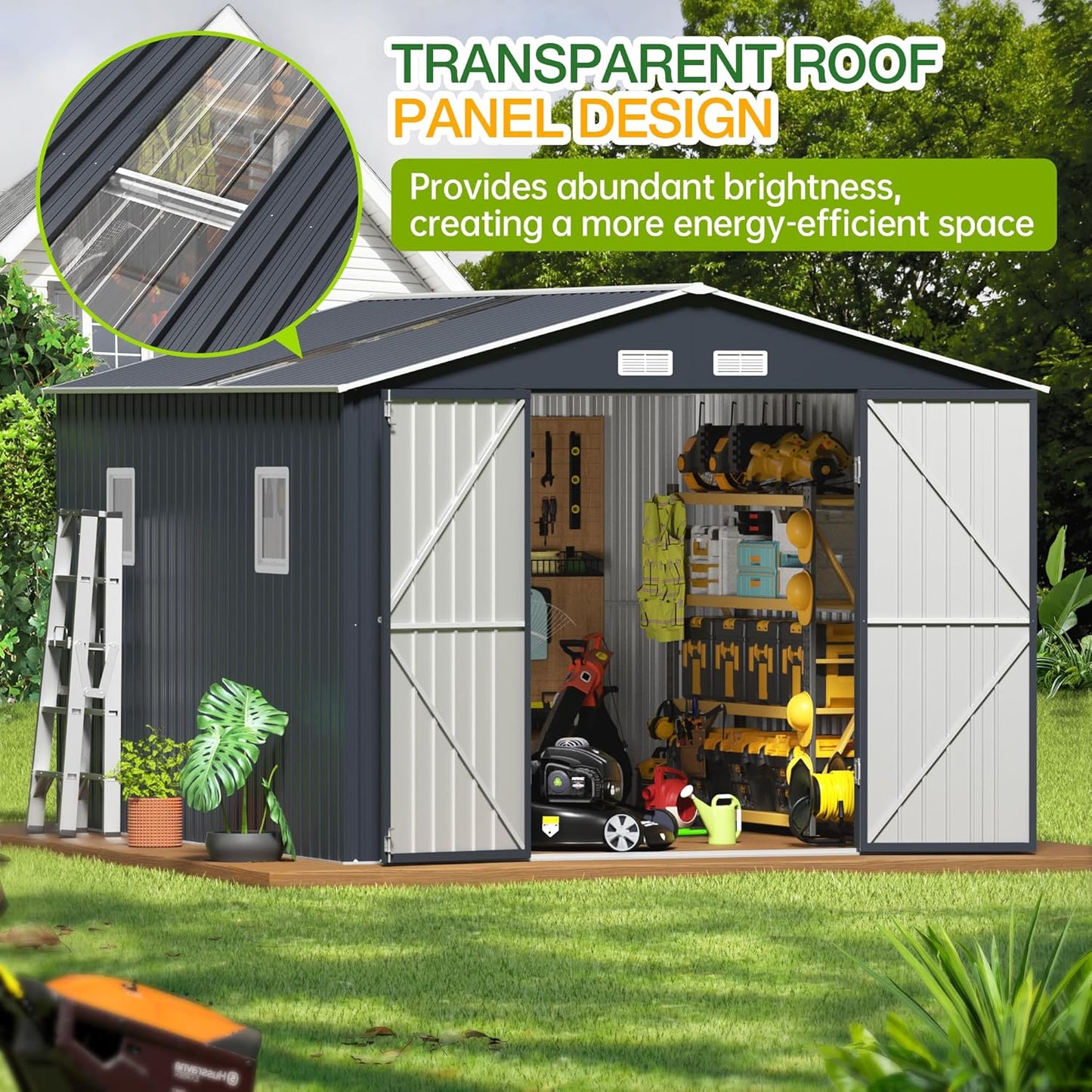 Breezz Outdoor Storage Shed 10 x 12 ft. Utility Tool Shed Metal Storage Garden Shed with Lockable Doors, Windows & Metal Frame Floor for Patio Storage, Nightblue