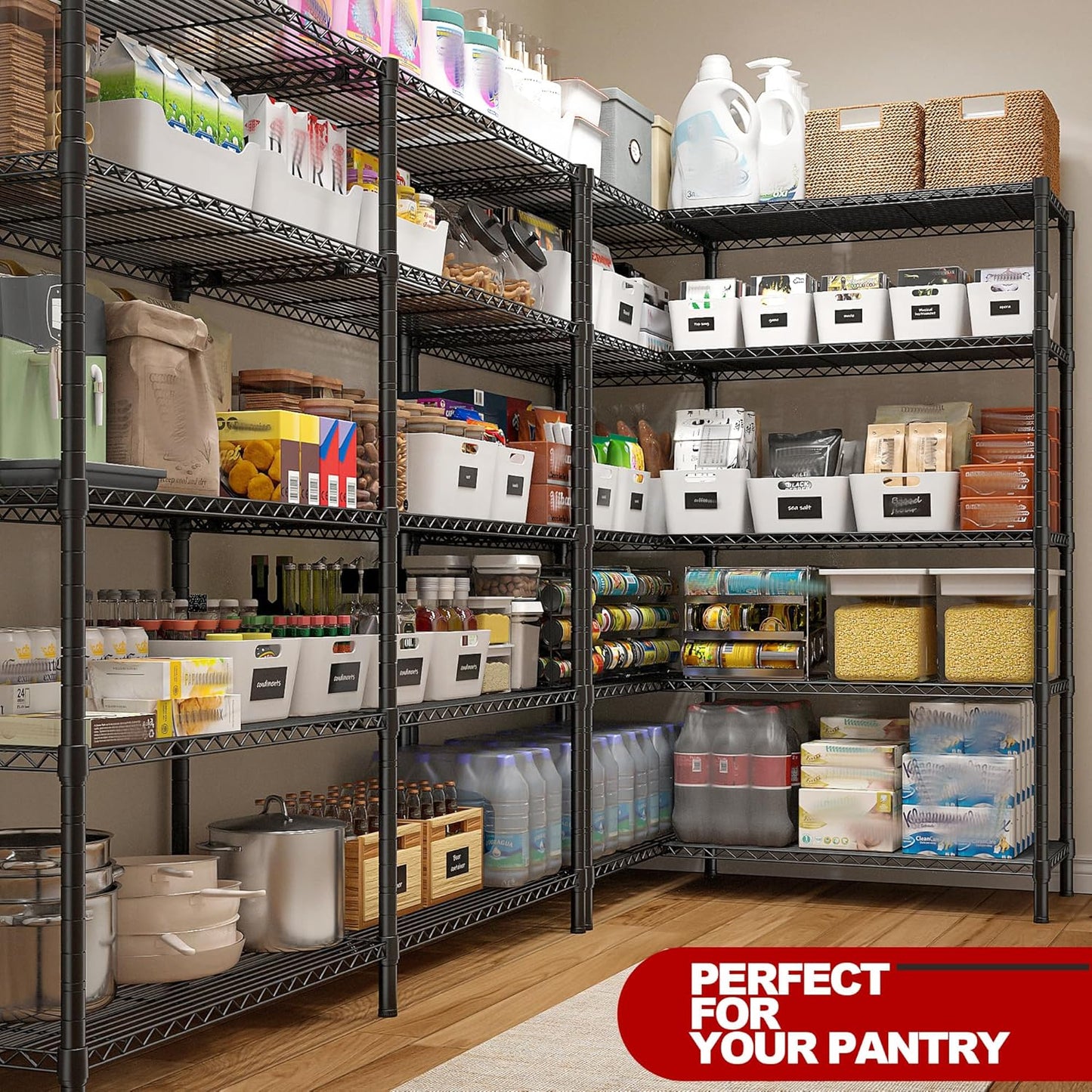 REIBII 5 Tier Wire Shelving Storage Shelves Loads 1430LBS, 58" W Metal Shelving Unit for Storage Adjustable Heavy Duty Garage Shelving Pantry Shelves Kitchen Shelving, Black, 2 Pack