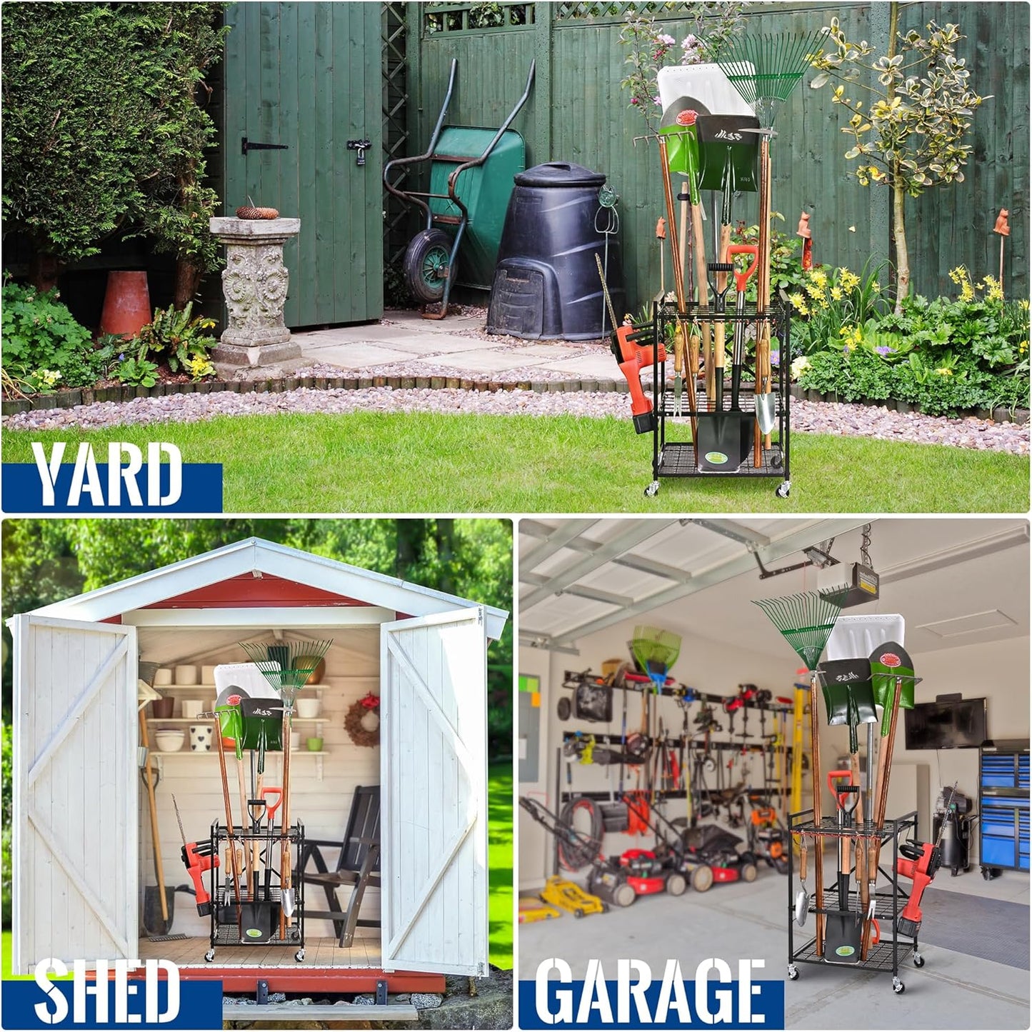 Mythinglogic Garden Tool Organizer for Garage, Yard Tool Rack with Wheels, Garage Organizers and Storage Holder for Yard Tools (Small Tower)