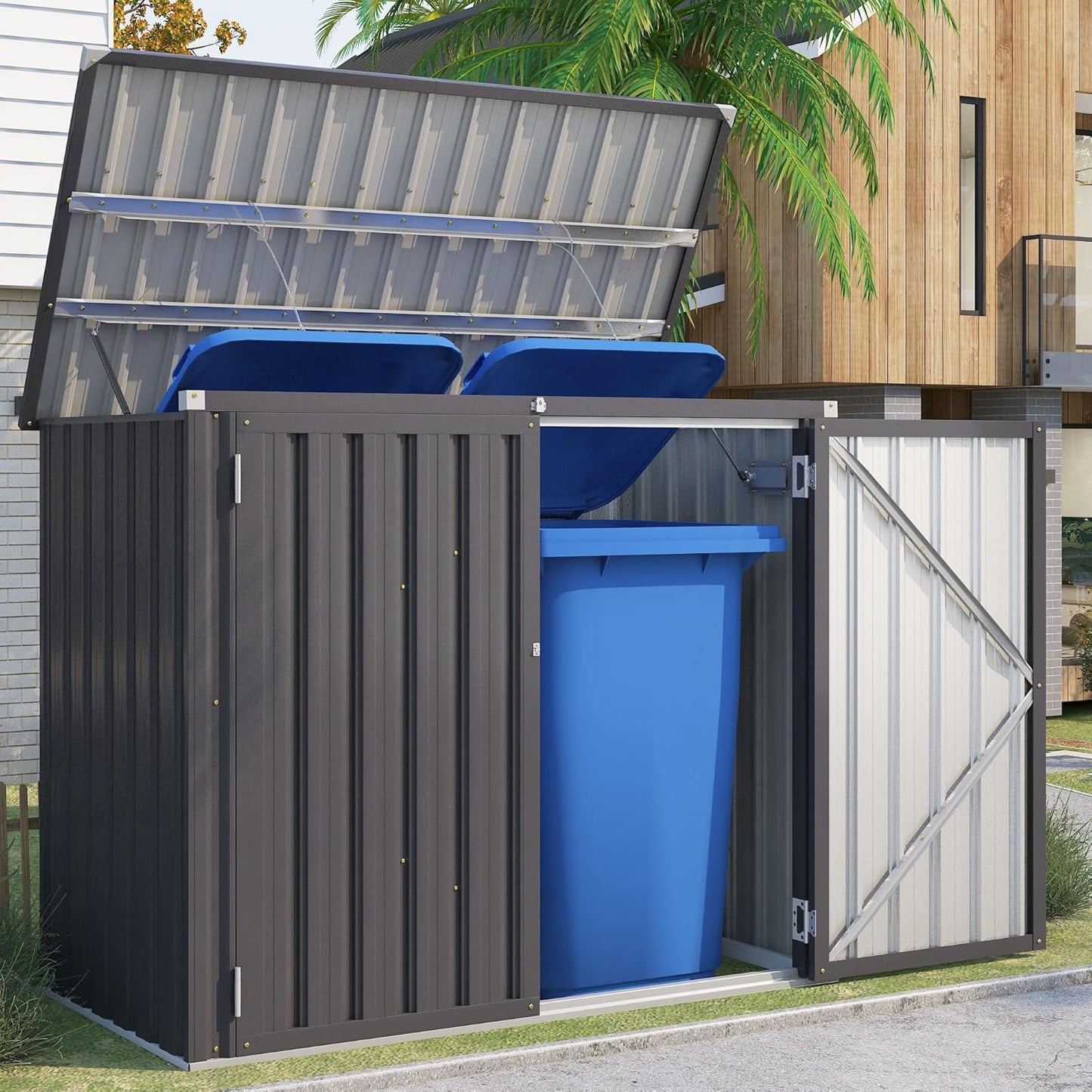 AECOJOY Outdoor Trash Can Storage Shed, 46 Cu.Ft Outside Garbage Can Storage Shed, Dark Grey Outdoor Horizontal Storage Cabinet Waterproof, Bike Sheds & Outdoor Storage Clearance