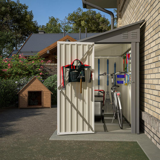 4x8 FT Outdoor Storage Shed,Lean to Metal Shed W/Floor Included,Garden Storage Shed W/Lockable Door,All Weather Waterproof Tool House W/ 2 Air Vents,for Backyard,Patio,Lawn,Garden,Gray