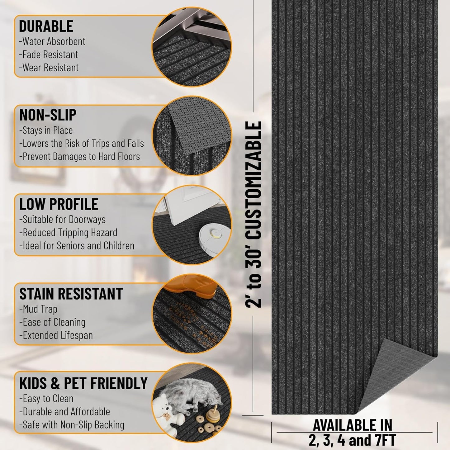 Ottomanson 2' x 21' Hallway Runner with Scraper Pile Extra Durable Non-Slip Rug Mat for Indoor & Outdoor Use - Ideal for Kitchen, Entryway, Patio & Garage - High-Traffic Carpet, Black