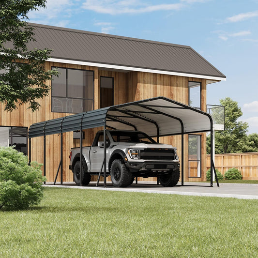 12 x 20 FT Metal Carport with Galvanized Steel Roof, Heavy Duty Metal Roof Carport with Enhanced Base, Tall Kits Garage for Tractors, Trucks, Boats, Cars