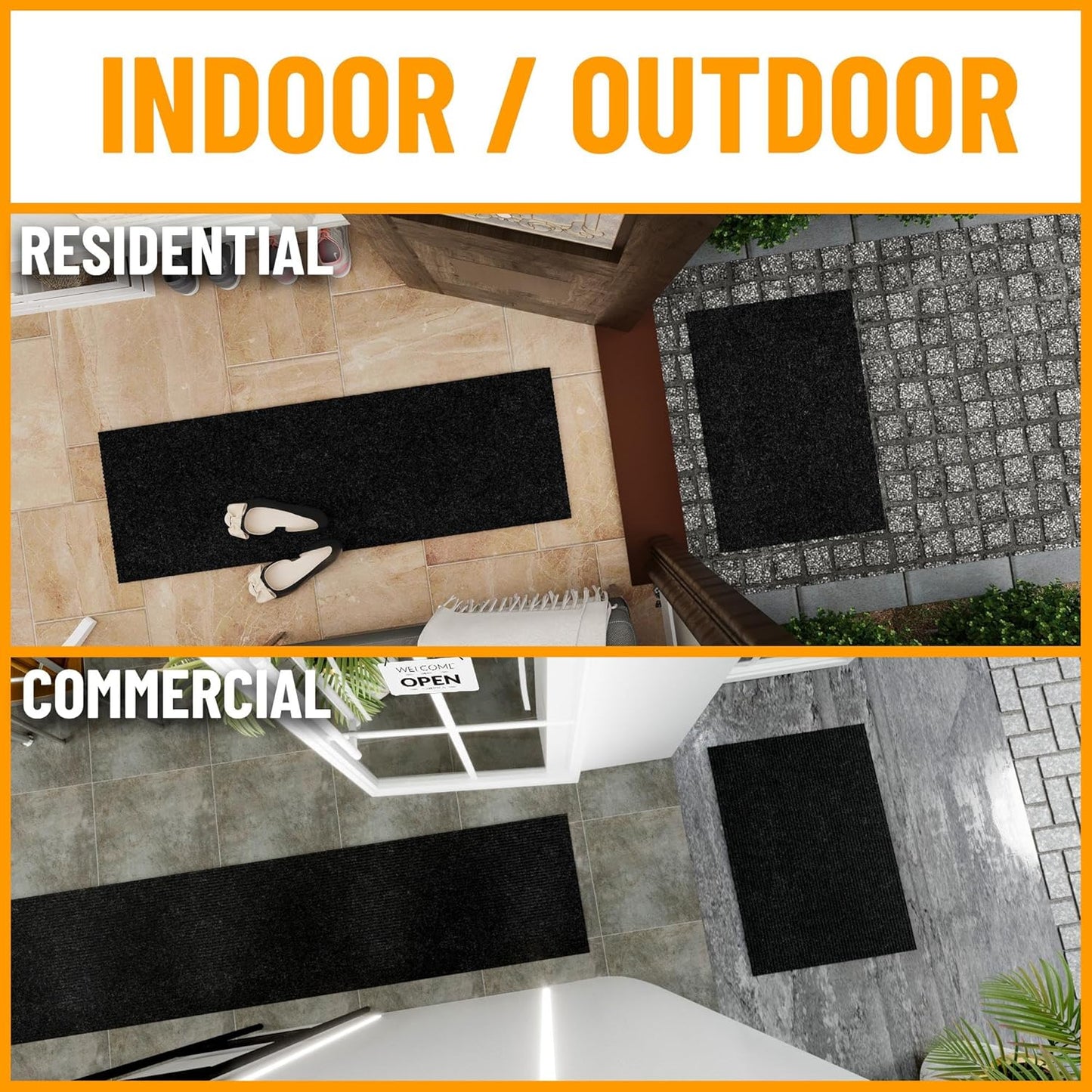Ottomanson 2'7" x 45' Hallway Runner with Scraper Pile - Extra Durable Non-Slip Rug Mat for Indoor & Outdoor Use - Ideal for Kitchen, Entryway & Garage - High-Traffic Carpet, Black
