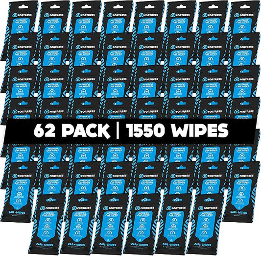 Fortress Car Interior Wipes (25 ct, Pack of 62) for Car Interior Cleaning, Dashboard, Seats, Detailing, and Steering Wheel [Travel Size] Skin-Safe Car Interior Cleaner Supplies