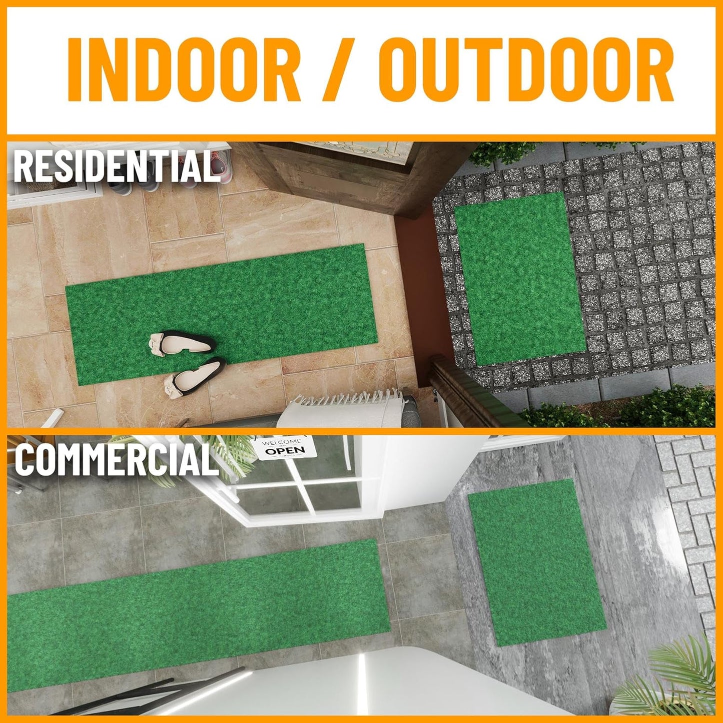 Ottomanson 2' x 21' Hallway Runner with Scraper Pile Extra Durable Non-Slip Rug Mat for Indoor & Outdoor Use - Ideal for Kitchen, Entryway, Patio & Garage - High-Traffic Carpet, Green