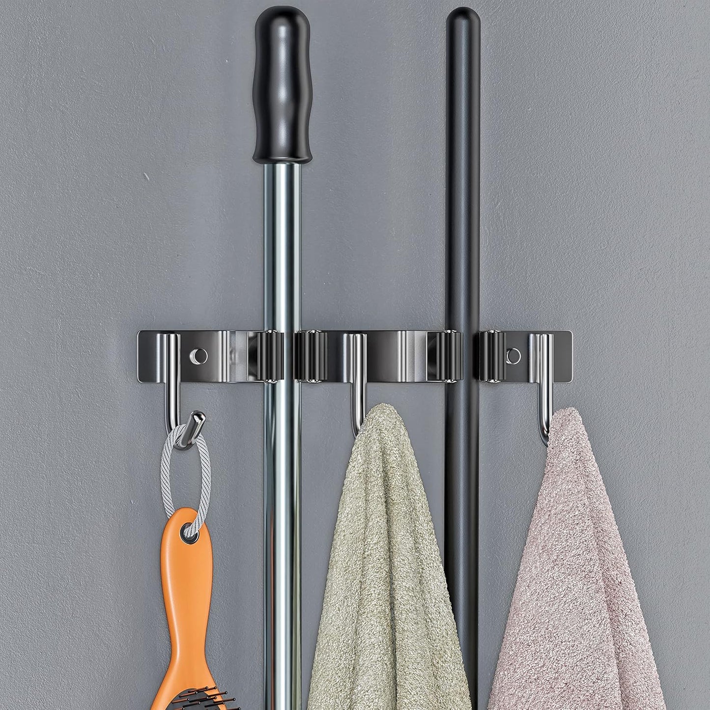Heavy Duty Broom and Mop Holder Wall Mounted with 2 Rubber Grip Slots & 3 Utility Hooks – SUS304 Stainless Steel, Waterproof, Self Adhesive or Drill Mount, for Garage, Laundry, Kitchen Use, 2 Pcs