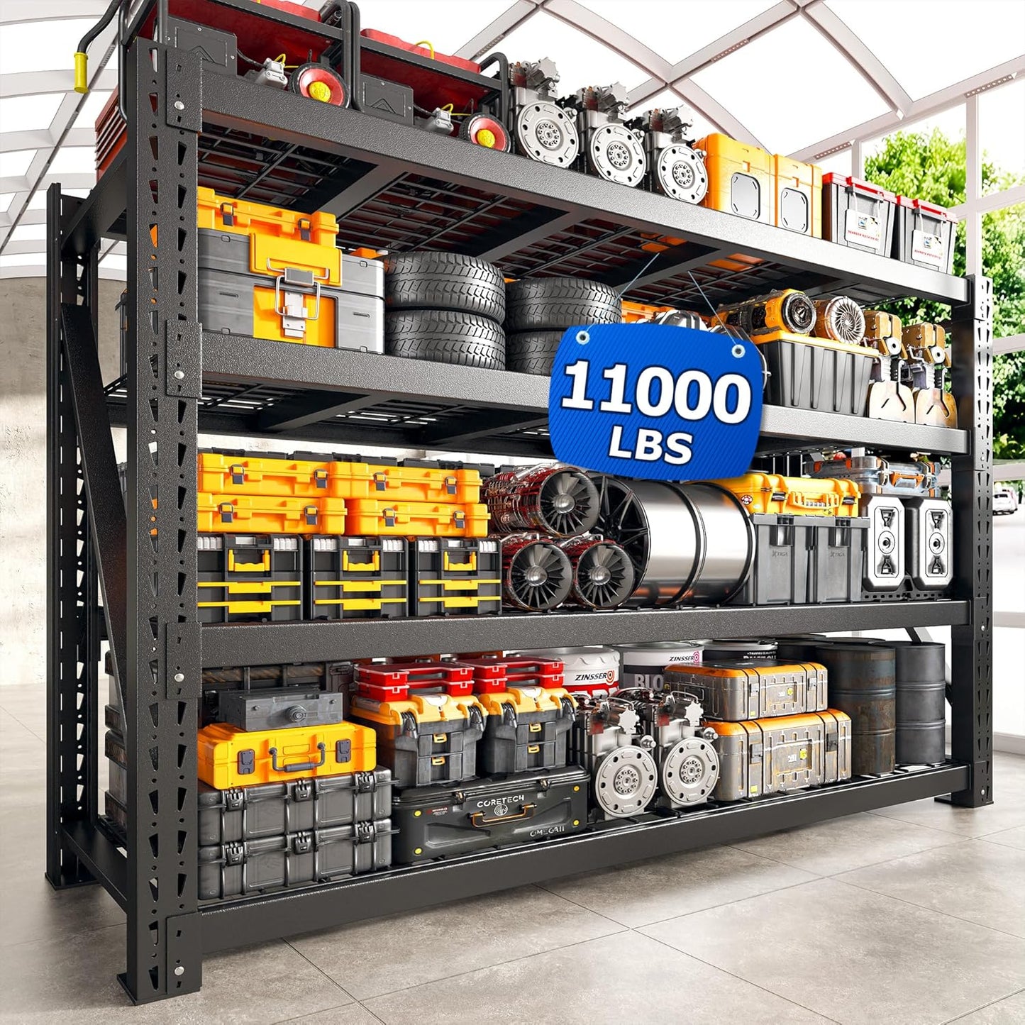 Bepatio 11000LBS Garage Shelving Heavy Duty, 72" H Storage Shelves Adjustable 4-Tier Metal Shelves, Industrial Shelving for Garage,Shop, Warehouse, Basement, Commercial, 72" H× 60" W × 24" D, Black