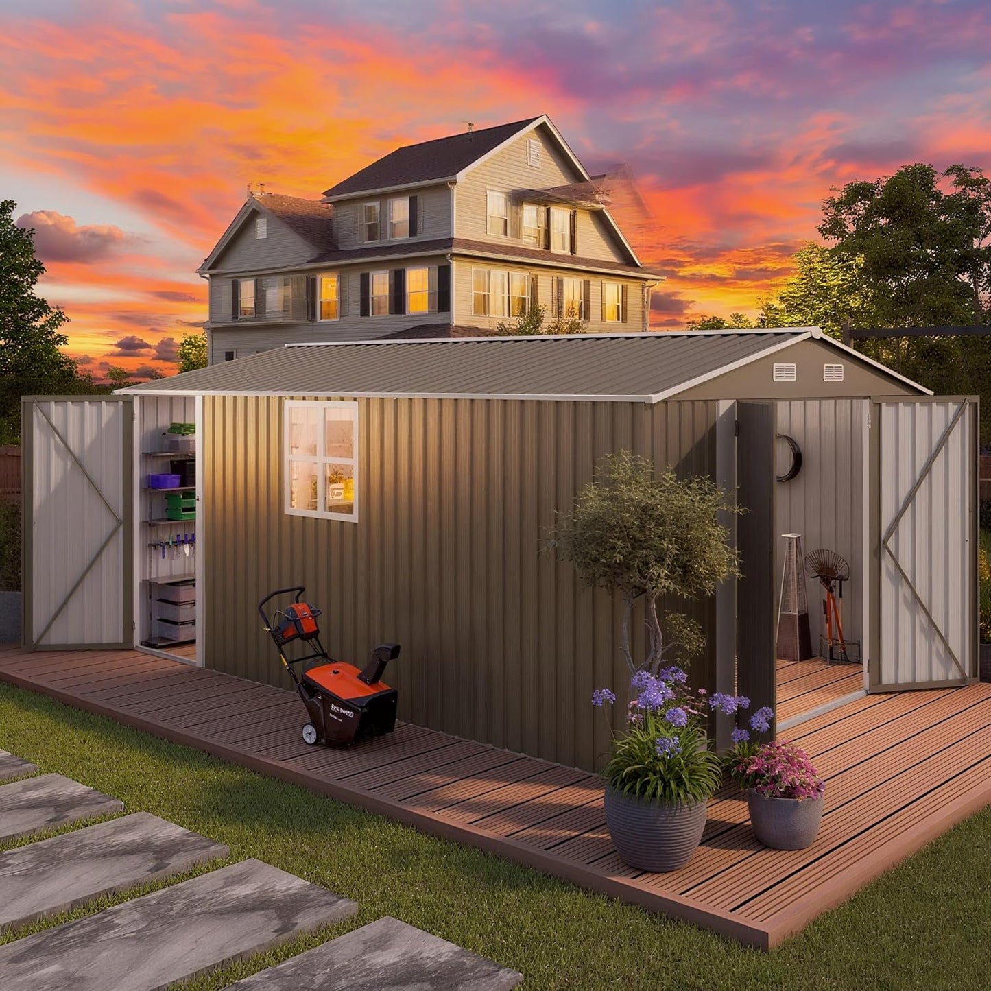 10 x 14 FT Outdoor Storage Shed, Metal Garden Tool Shed with Slooping Roof, Lockable Doors, All-Weather Bike Shed Easy to Assemble for Backyard, Patio, Lawn, White+Black