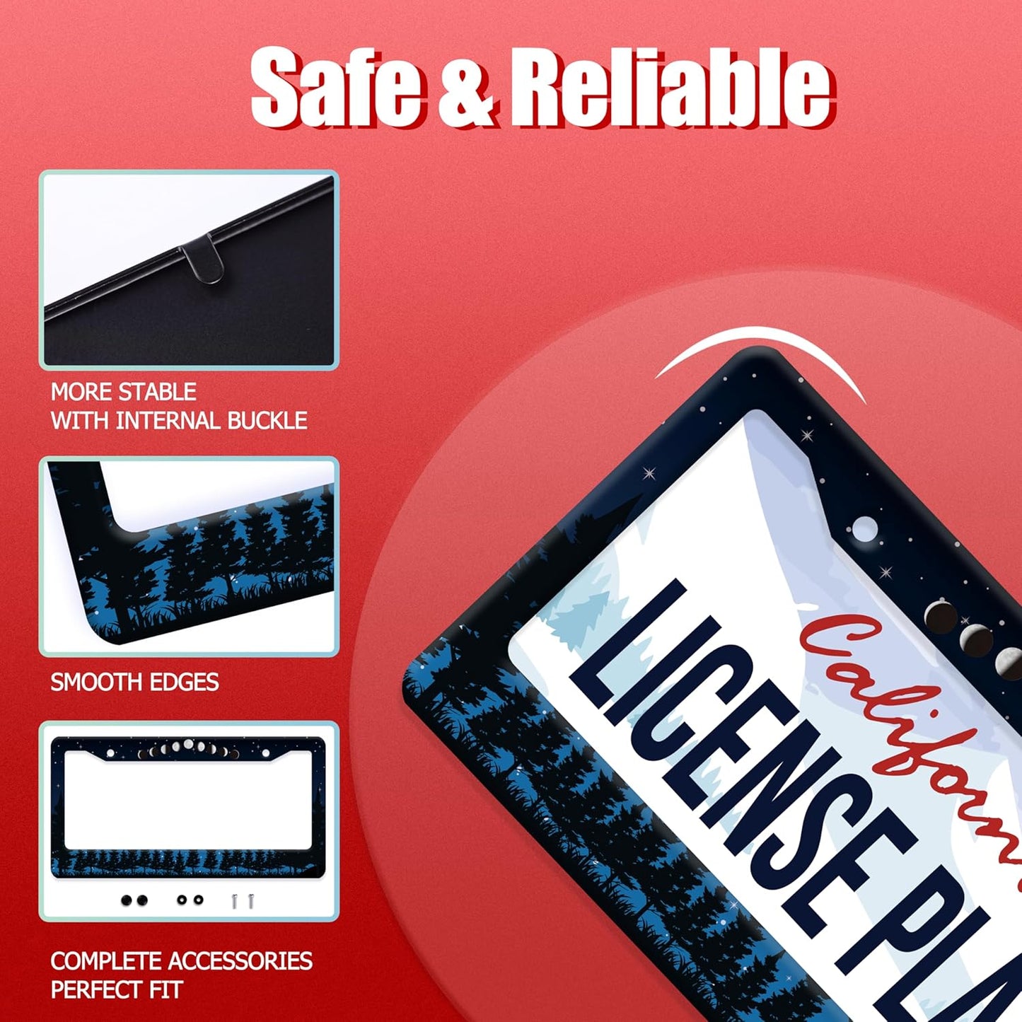 Moon Phase Forest Night License Plate Frame Moon License Plate Frames Stainless Steel Accessories Cars Decor with 2 Holes and Screws Fits Standard US CA Vehicles Size 12.2 x 6 Inches