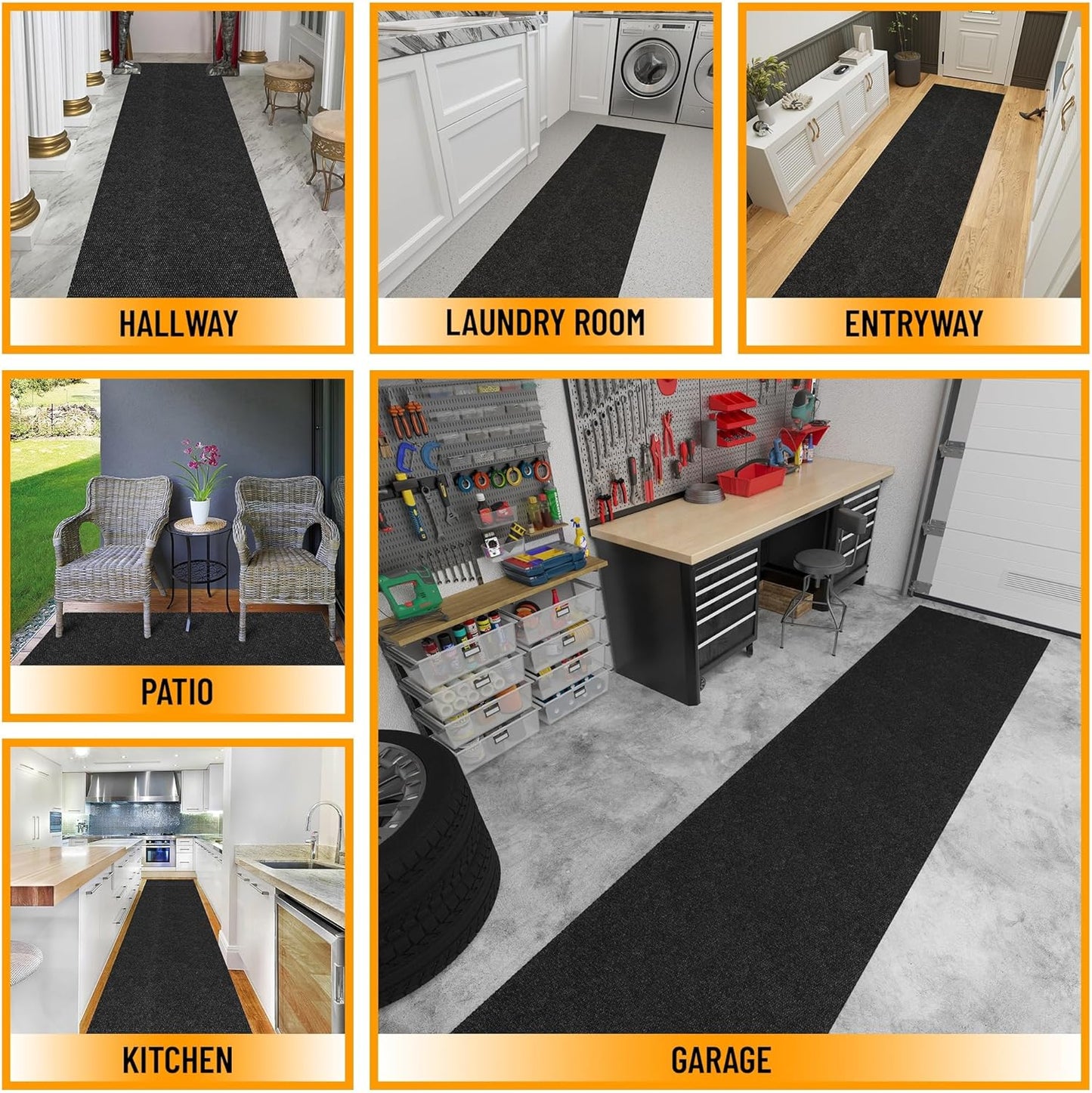 Ottomanson 2' x 35' Hallway Runner with Scraper Pile Extra Durable Non-Slip Rug Mat for Indoor & Outdoor Use - Ideal for Kitchen, Entryway, Patio & Garage - High-Traffic Carpet, Black