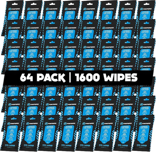 Fortress Car Interior Wipes (25 ct, Pack of 64) for Car Interior Cleaning, Dashboard, Seats, Detailing, and Steering Wheel [Travel Size] Skin-Safe Car Interior Cleaner Supplies
