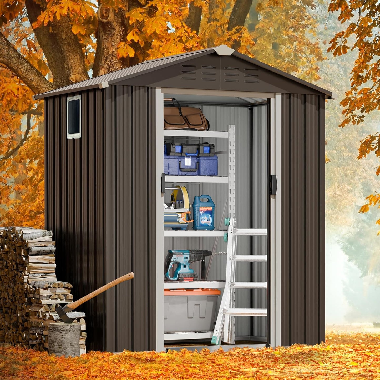 JY QAQA 5x3 FT Metal Outdoor Garden Storage Shed,Waterproof Metal Garden Sheds with Window and Lockable Double Door,Weather Resistant Steel Tool Storage House Shed forPatio,Lawn