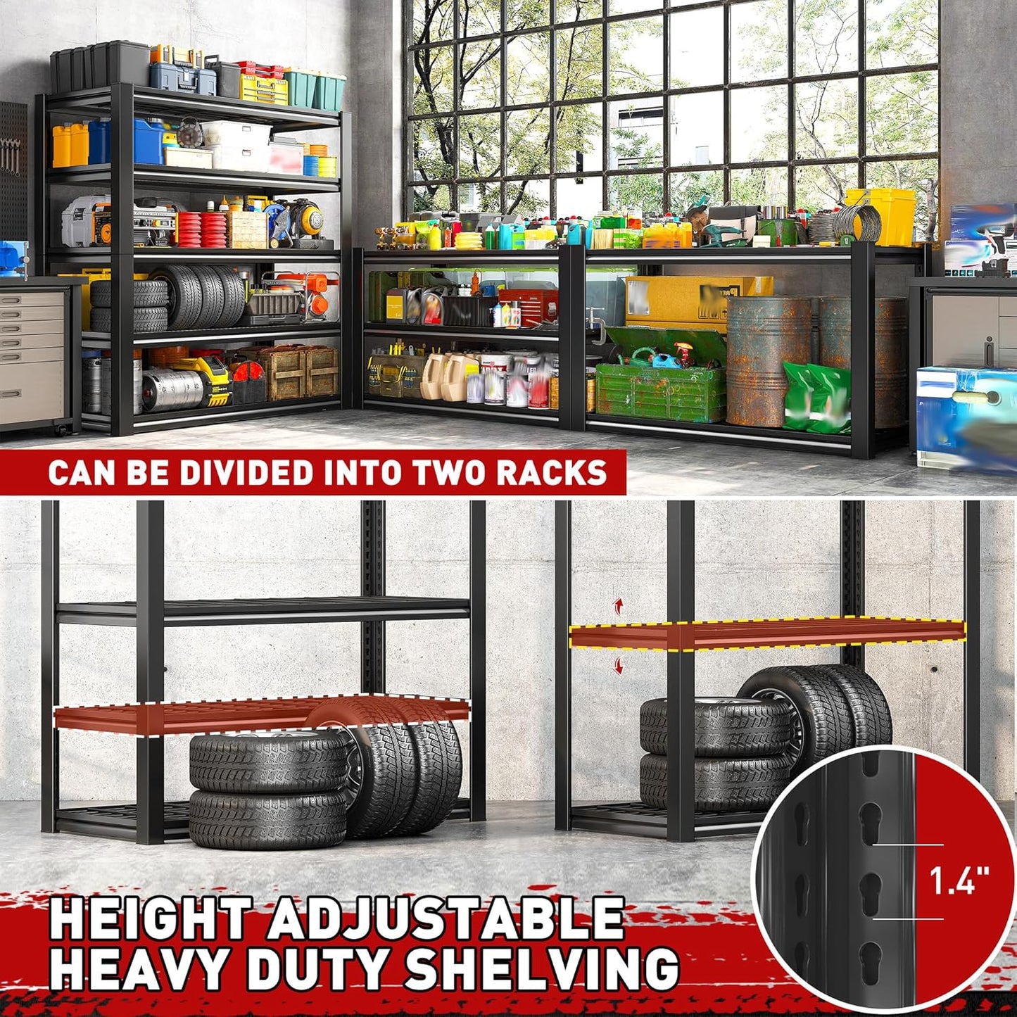 REIBII Garage Shelving 3000LBS, Heavy Duty Storage Shelves, Adjustable Industrial Metal Shelving Unit for Garage, Basement, Pantry, Warehouse,Commercial, 36" W x 16" D x 72" H